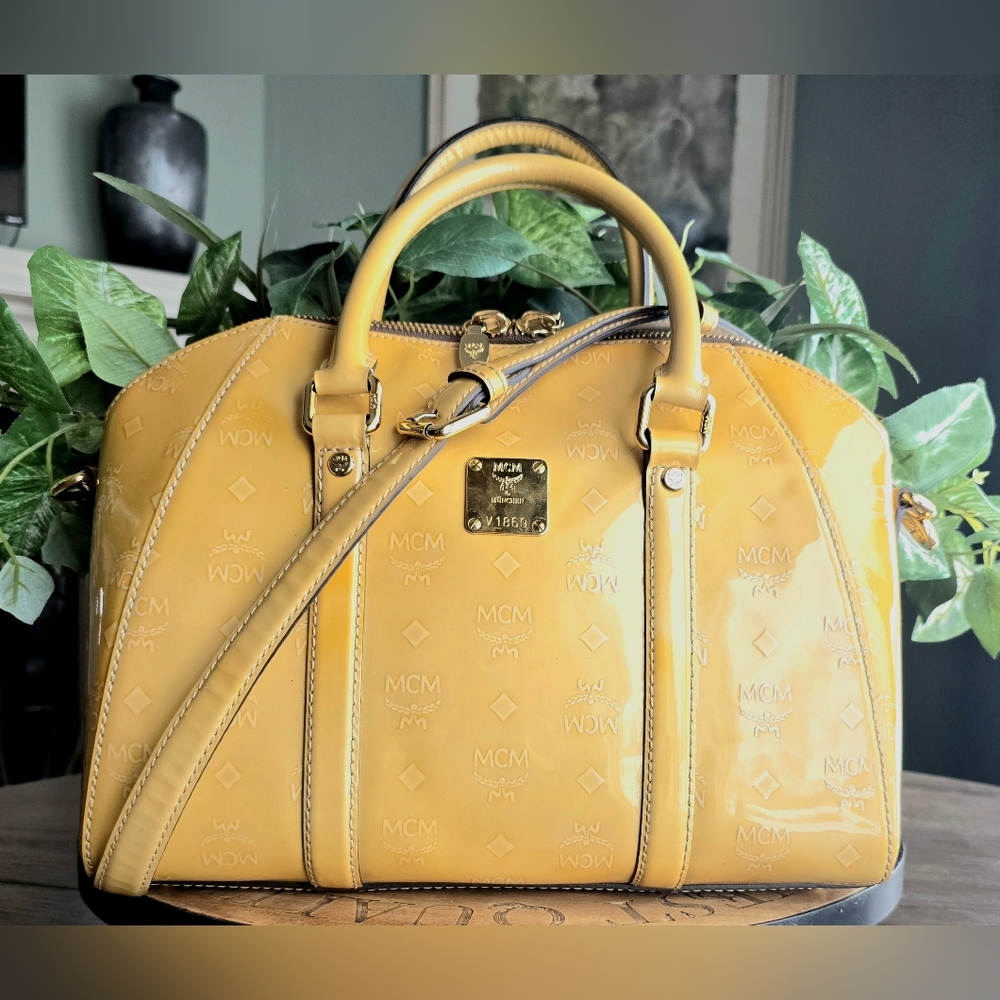 MCM Ivana Rare Yellow Embossed Visetos Bowler Bag With Crossbody Strap COA